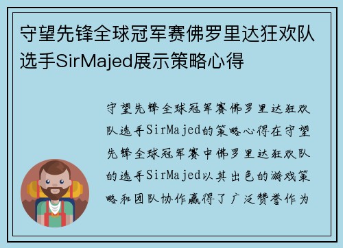 守望先锋全球冠军赛佛罗里达狂欢队选手SirMajed展示策略心得
