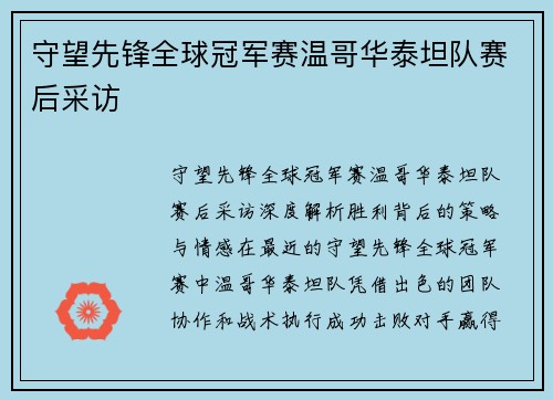 守望先锋全球冠军赛温哥华泰坦队赛后采访