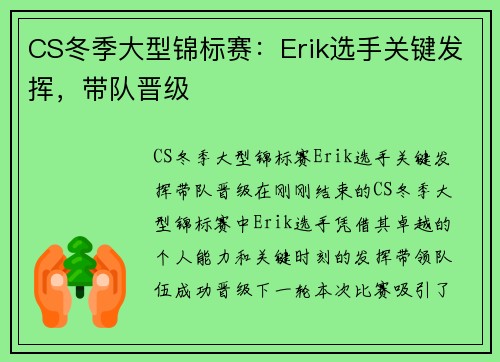 CS冬季大型锦标赛：Erik选手关键发挥，带队晋级